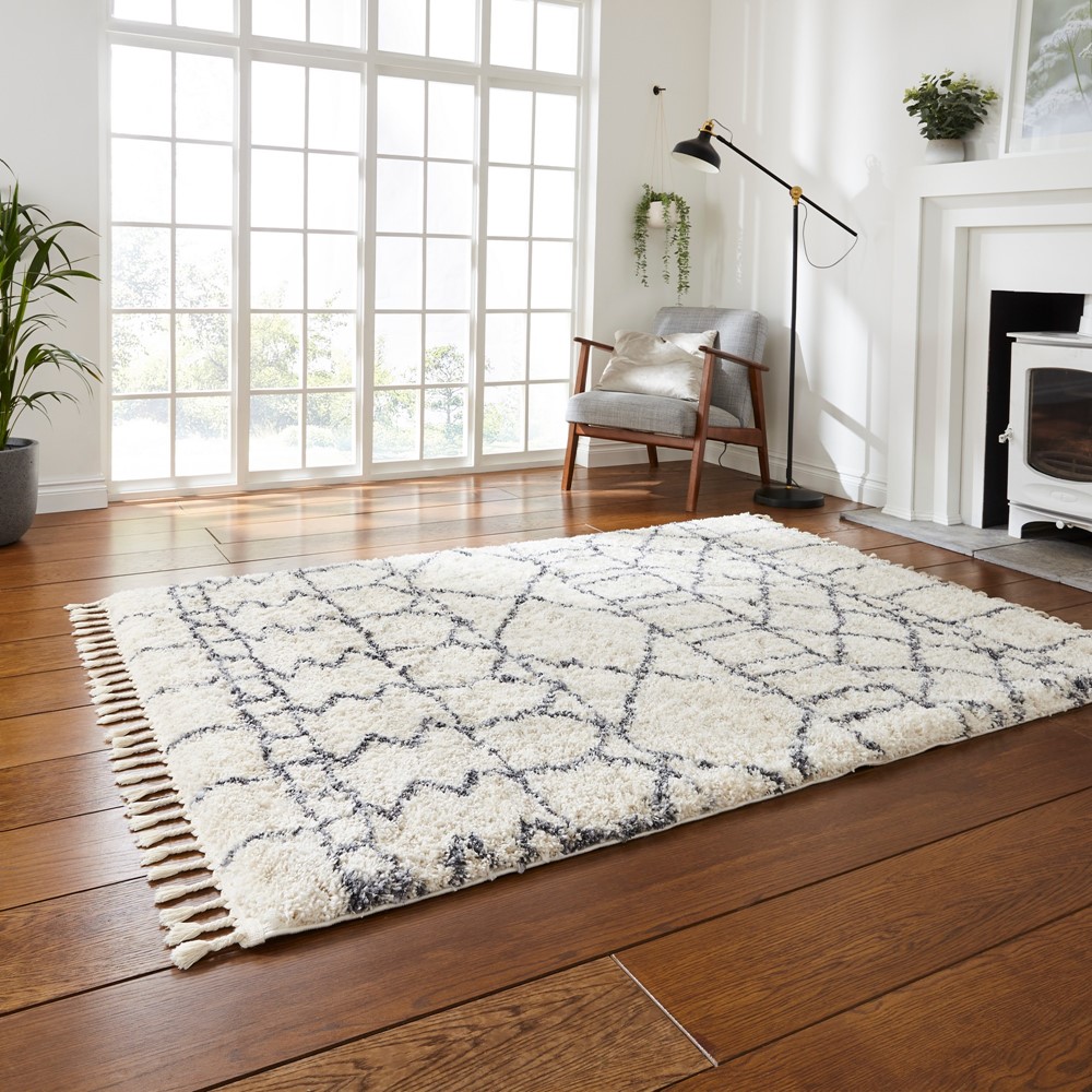 Boho Moroccan 1687 Shaggy Rugs in Ivory Grey